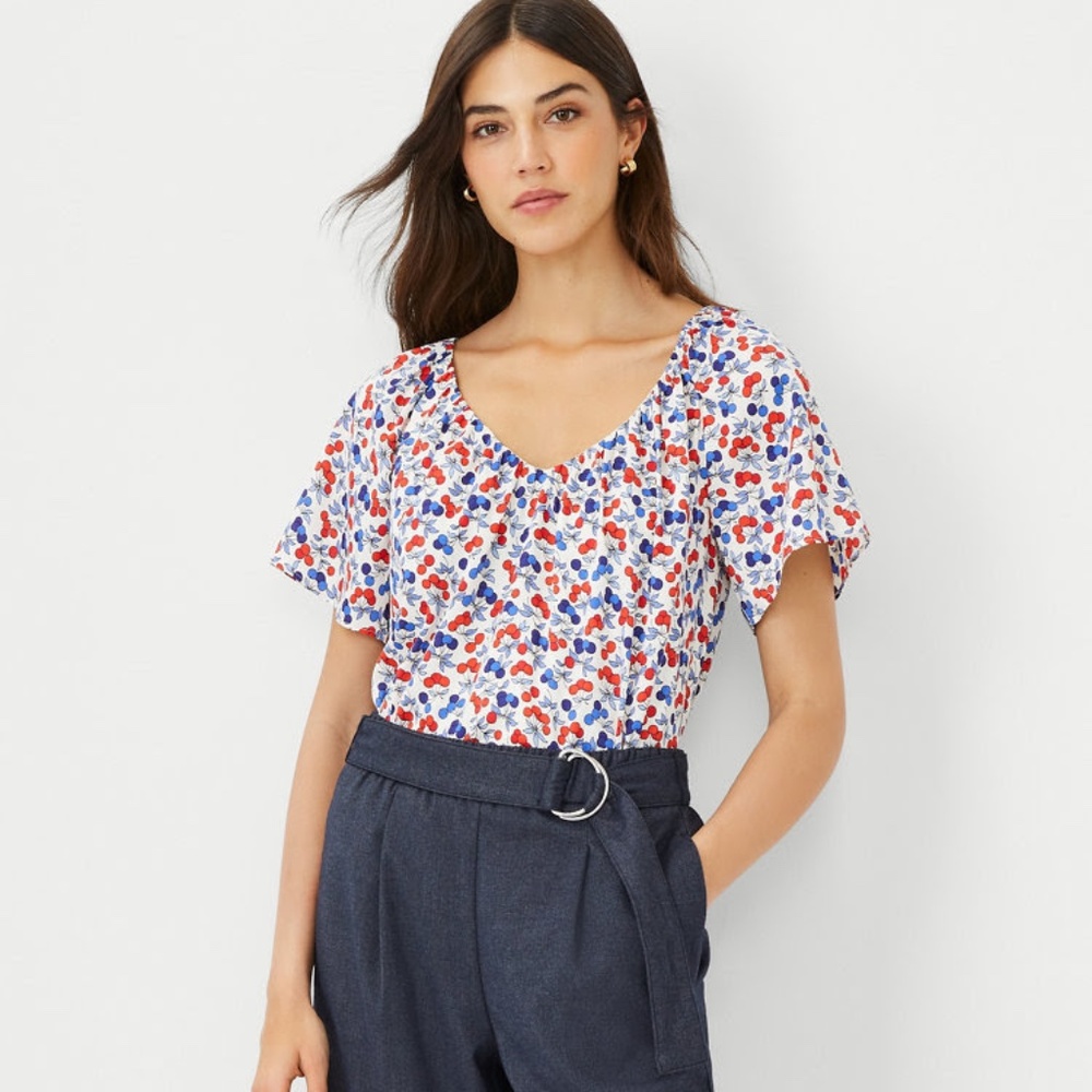 Ann Taylor XS Cherry Shirred V-Neck Top